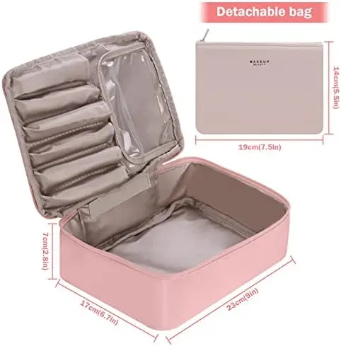 Travel Makeup Bag [with Brushes Holder & Detachable Pouch] Cosmetic Bag Makeup Case Storage Organiser for Women & Girls (Pink) 6