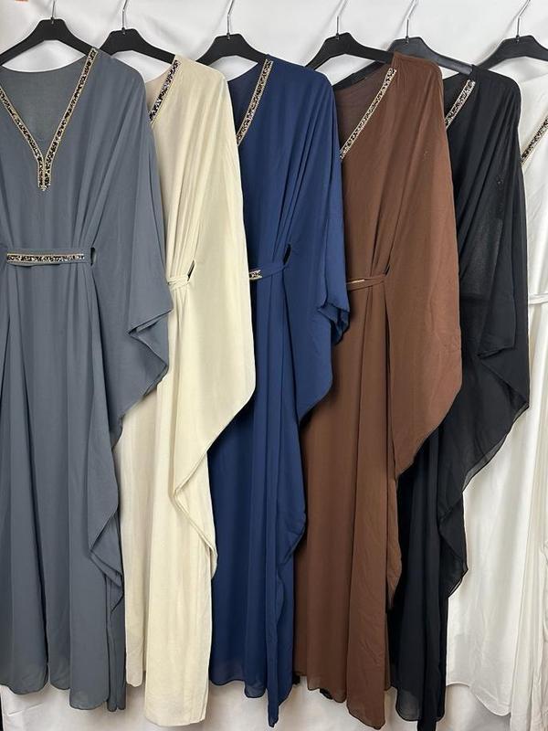 Ladies Girls Muslim Fashion Solid Belt Kaftan Elegant Long Sleeves Abaya 1