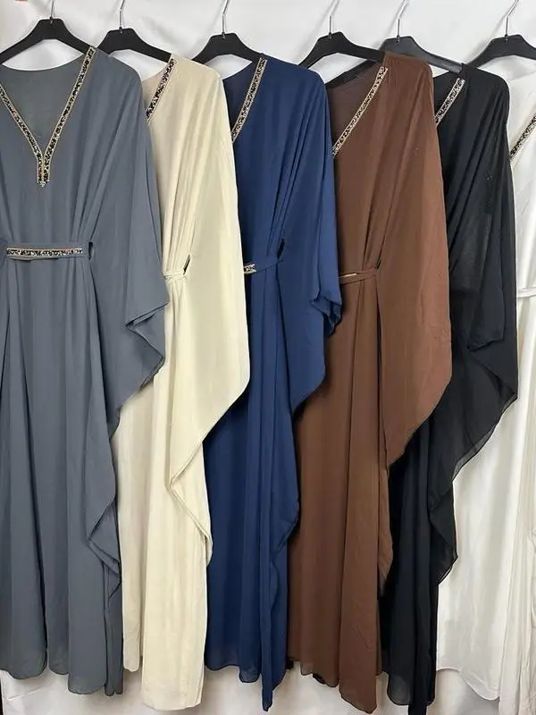 Ladies Girls Muslim Fashion Solid Belt Kaftan Elegant Long Sleeves Abaya 0