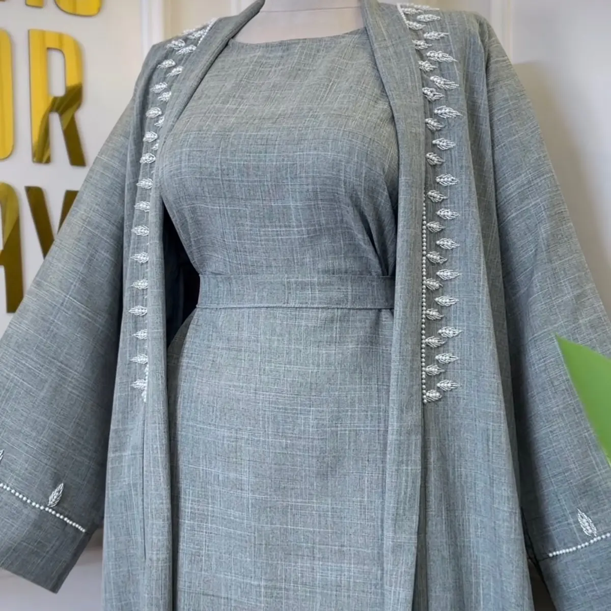 Khaleeji abaya- Three piece linen abaya with matching hijab solid casual