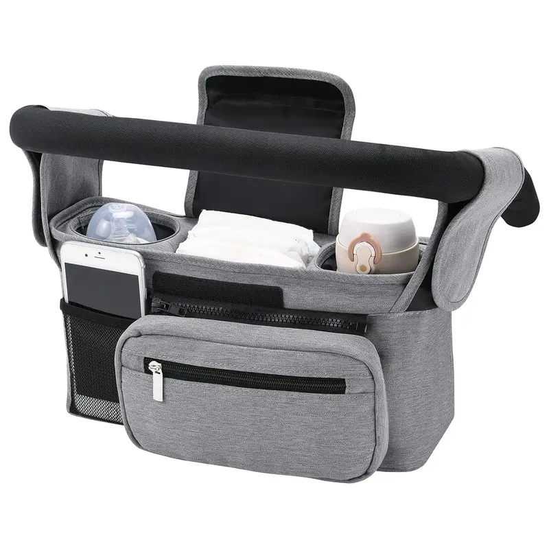 Baby Pushchair Organiser with 2 Insulated Cup Holders and Large Capacity for Baby Essentials-Convenient Compact Design Fits Any Pram Handlebar. Universal Stroller Organizer with Insulated Cup Holder Detachable Phone Bag Shoulder Strap. 1