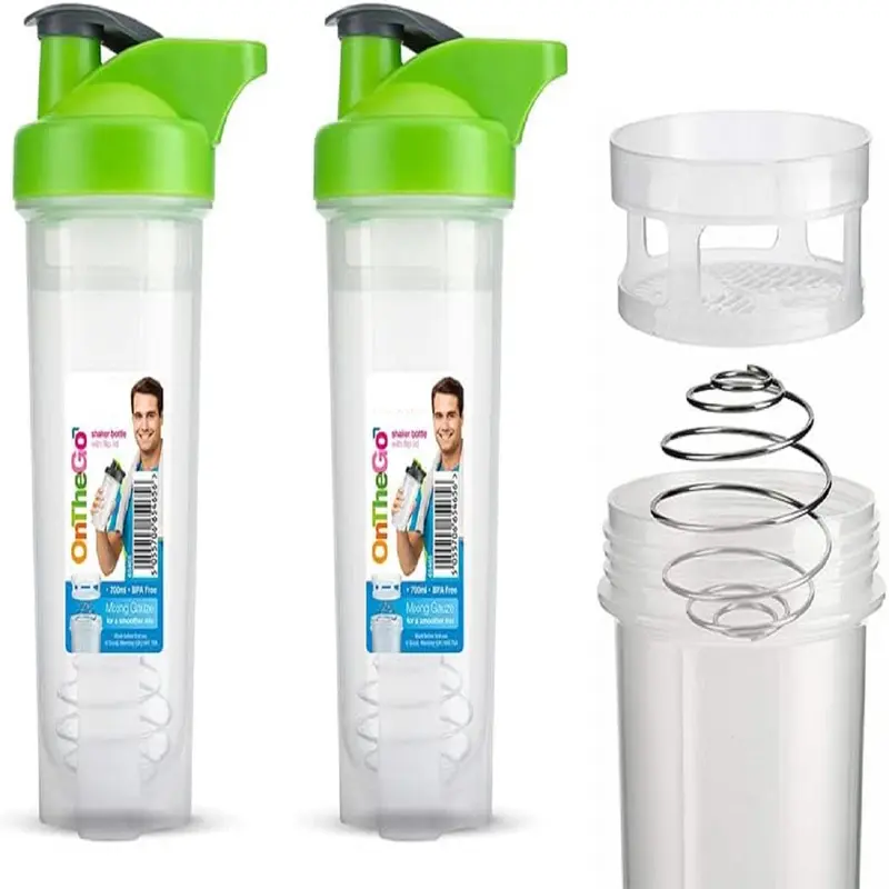 HOMESHOPA 2 x 700ml Protein Shaker Bottle with Mixer Ball for Supplement Shakes, Powder Shaker Bottles, Leakproof Screw On Lid & Secure Drinking Flap Cap, BPA Free Large Sport Gym Blender Bottle-2 per Pack 2