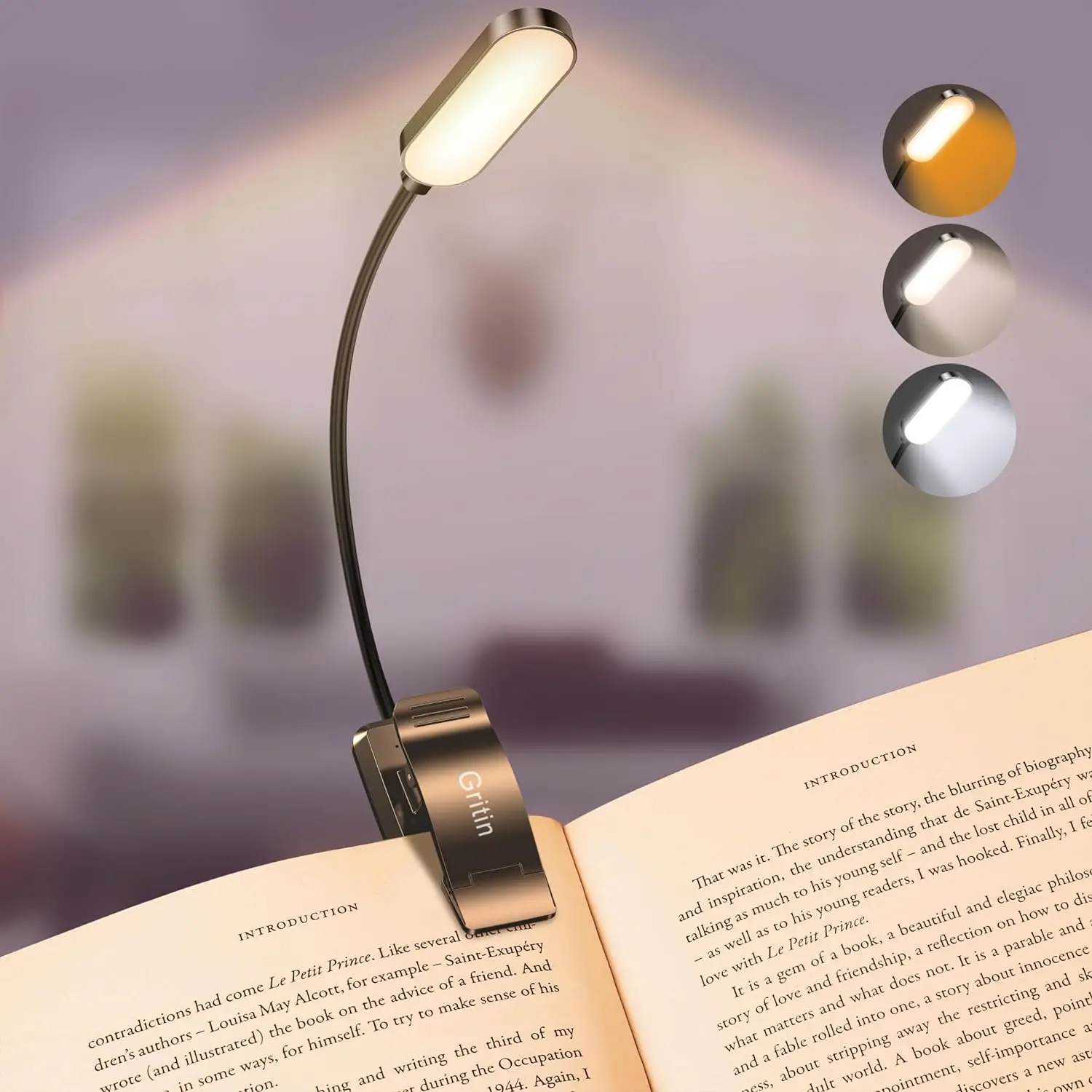 16 LED Reading Light, Book Light 3 Eye-Protecting Modes Book Lamp (White/Amber/Mixed) - Step less Dimming, Rechargeable, Long Battery Life, 4-Level Power Indicator, Flexible Clip on Book Light
