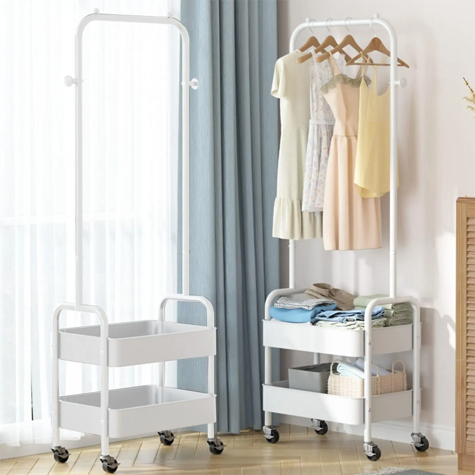 HYGRAD Metal Clothes Rack On Wheels Portable Clothes Rail For Hanging Clothes With Shoe Storage Shelfs Portable Clothes Rack Caddy For Bedroom Wardrobe In Pink White Or Black (White)