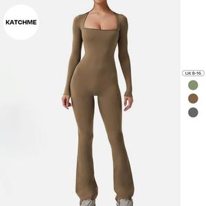KatchMe Women's Sports Square Neck Long Sleeve Seamless Shaping Flared Jumpsuit,Plain Womenswear,Womens Flared Romper,Butt-Lifting Shapewear