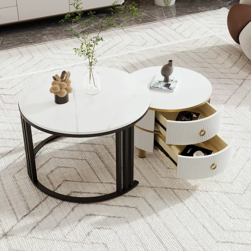 2024 High Quanlity 2-in-1 round MDF coffee table with 1 high-gloss table top and 1 side table with brown tempered glass tabletop, living room coffee table set with 2 drawers, 70*70*45 + 50*50*40 cm Modern Furniture Coffee Table for Living Room 1