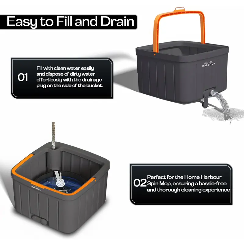 Home Harbour HH2 Spin Mop And Bucket Set 360 Spinning Wet & Dry Water Separation Wringing System Rotating Cleans Laminate, Wood & Tile Flooring With 2 Microfibre Mop Head Refills Adjustable Handle 3