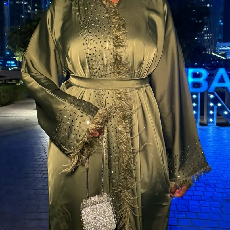 BABELUXURY ABAYA khaki Green closed with belt and matching hijab queen luxury