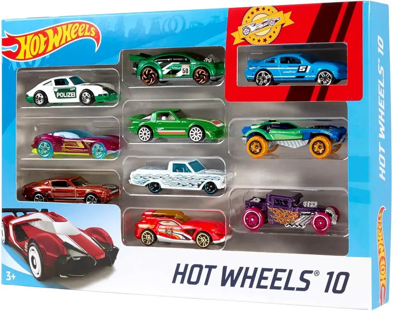 Hot Wheels Toy Cars & Trucks in 1:64 Scale, Set of 10, Multipack of Die-Cast Race or Police Cars, Hot Rods, Firetrucks or Vans (Styles May Vary), 54886 0