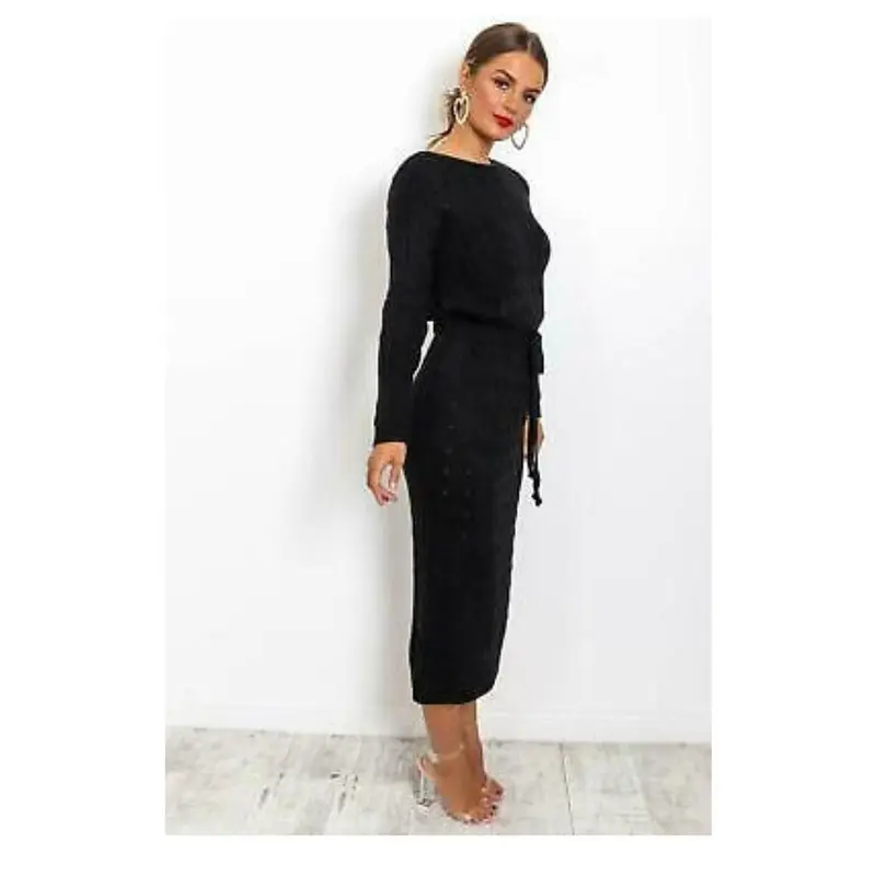 Ladies Cable Knitted Pocket Tie up Long Midi Dress with Belt - Clothing Knitwear Womenswear 4