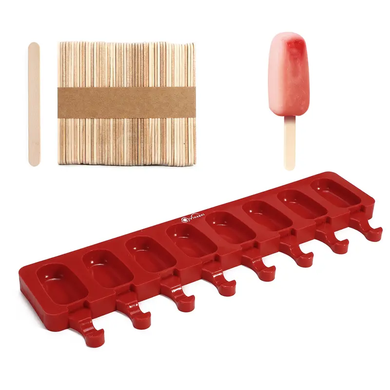 Vinsani Ice Lolly Moulds Silicone 8 Cavity Ice Cream Lolly Mould, Ice Lolly Makers with 50 Sticks, Food Grade BPA Free Ice Cream Mould for Frozen Popsicle Tray DIY Layer Ice Cream Lolly Tray - Red 0
