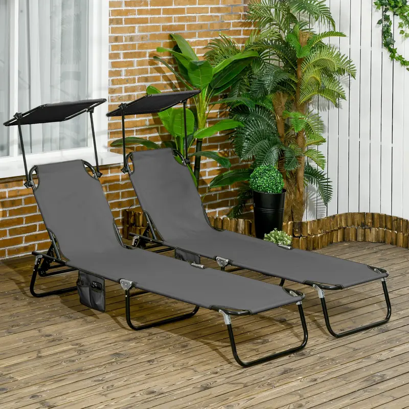 Outsunny 2 Piece Folding Sun Loungers with Canopy, Adjustable Recliner Garden Chairs with Side Pocket, Steel Frame and Breathable Mesh for Outdoor, Pool, Beach, Garden, Dark Grey 1