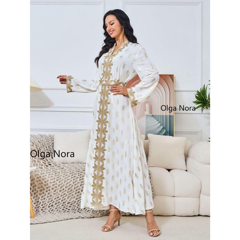 OLGA NORA ON1425ON Long Length Home Robe White Gold Plated Elegant V-neck Dress for 5'4-5'9 regular sleeve casual abaya  lover 7