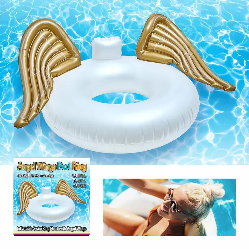 Inflatable Swim Ring Pool Float with Gold Angel Wings Inflatable Swimming Pool Floats Rainbow Swimming Ring Floats Summer Holiday Novelty Swim Tubes Rings for Adults, White and Gold 4