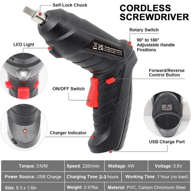 Electric Drill Screwdriver, 47 in 1 Portable Cordless Screwdriver Set Rotated 90 Degrees Electric Screwdrivers Cordless Handle with Led Worklight and Charger for Home Office DIY Tools 6