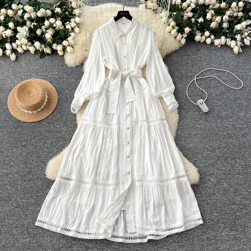 Boutique Wholesale 2024 Autumn New Fashionable Retro Hollow Lace Splicing Waist Slimming Single Breasted Women's Dress 6