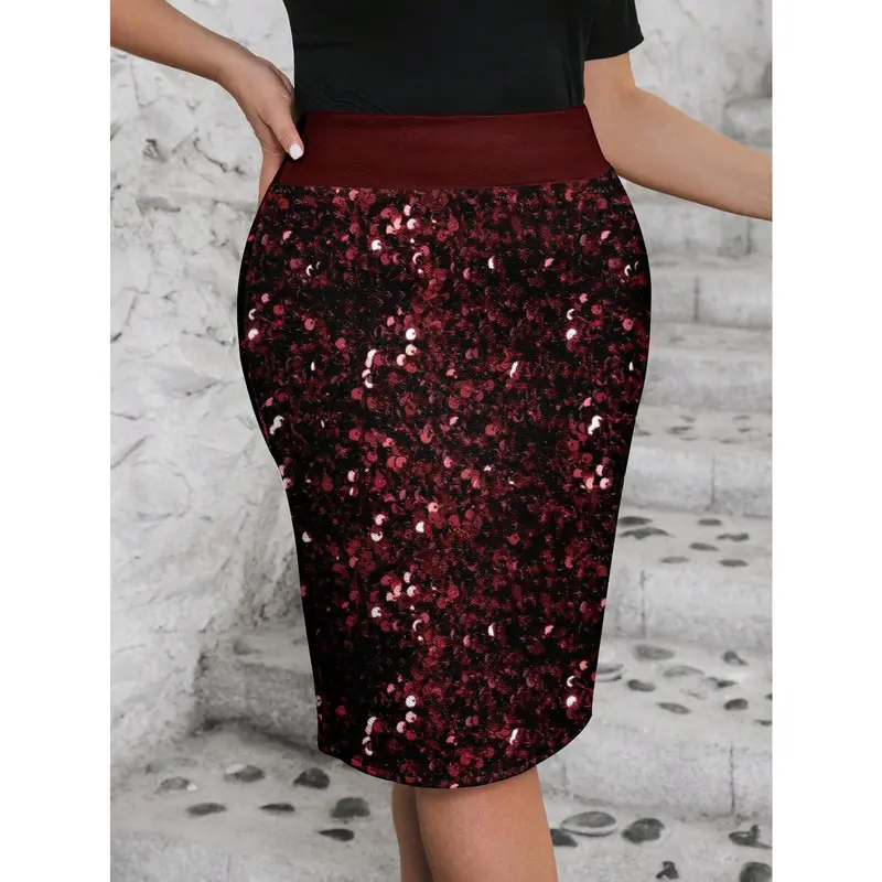 Clasi Plus Size Sequin Decorated Minimalist A-Line Skirt, For Party & Gathering Fabric Fit 3