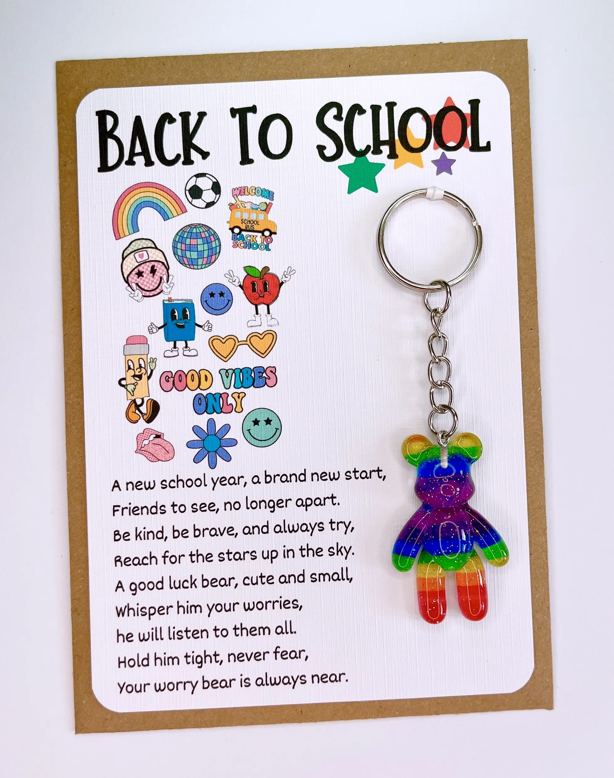 Back To School Worry Bear Keyrings, Courage, Anxiety, Good Luck Keepsake Gift, Children, Kids, Boys, Girls, Present