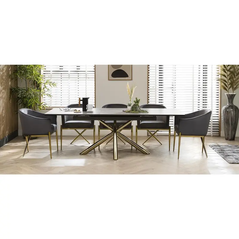 6 Seater Extendable Dining Set - Grey Ceramic Table - Premium Velvet Chairs 4