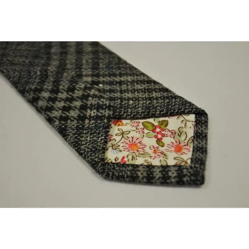 grey, black and navy check tweed wool skinny tie 4