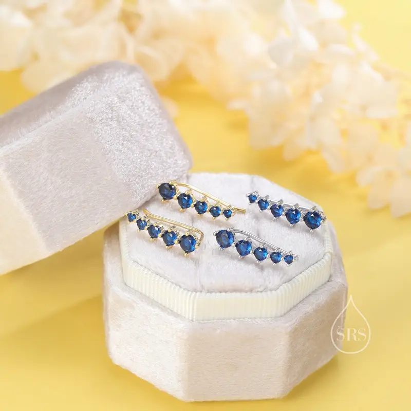 Sapphire Blue CZ Crystal Crawler Earrings in Sterling Silver, Silver or Gold 2