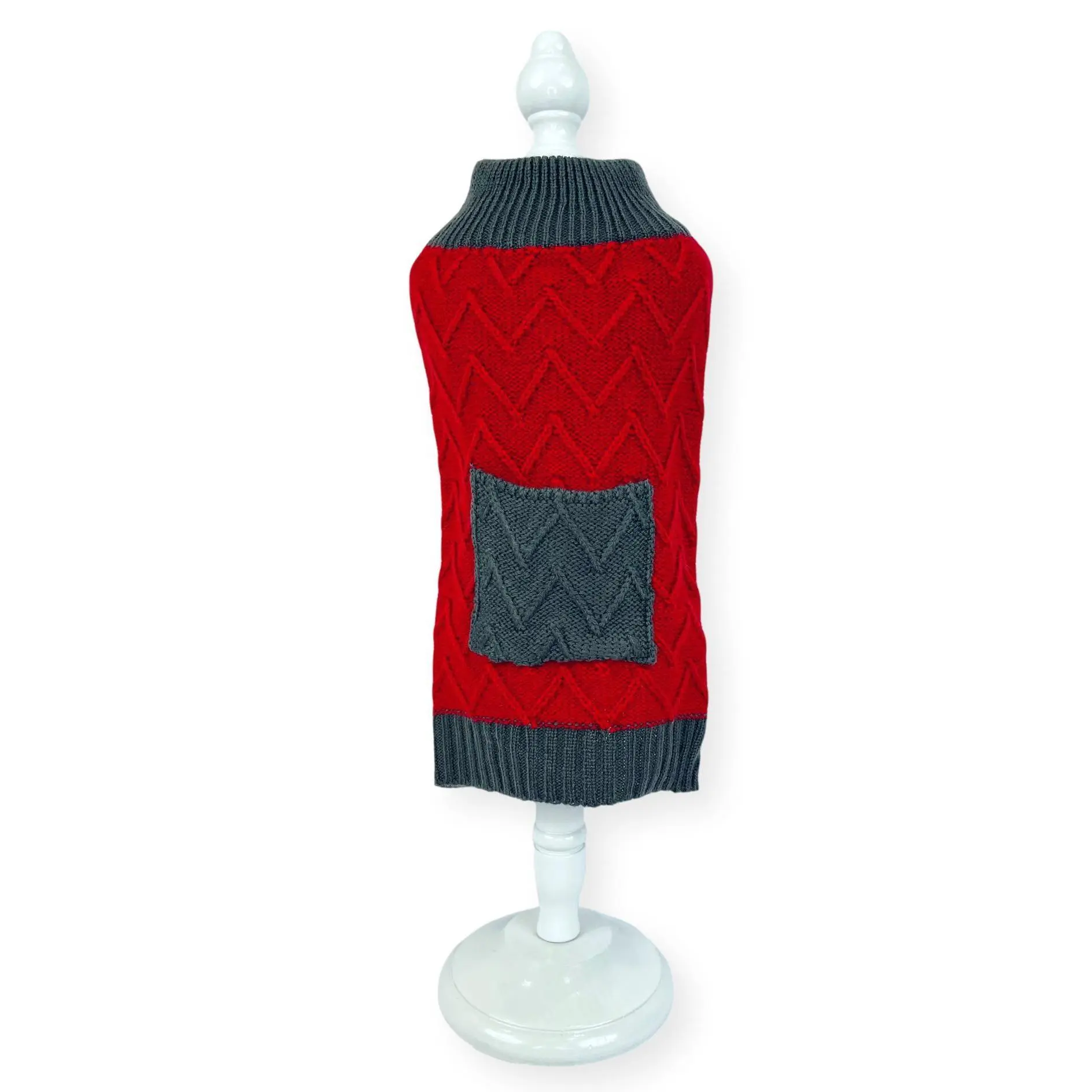 Pocket Knitted Dog Jumper Red and Grey