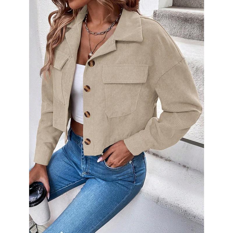 Franclia Flap Pocket Drop Shoulder Crop Corduroy Jacket Fit Long Sleeve 4