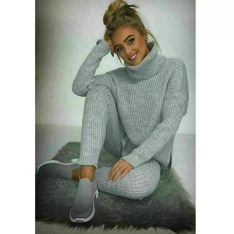 Ladies Chunky Knitted Loungewear Ladies Polo High Neck Top Leggings Suit Womenswear Overalls Underwear Lady Women Comfort Basic Long Sleeve Minimalist Chic Comfortable 2