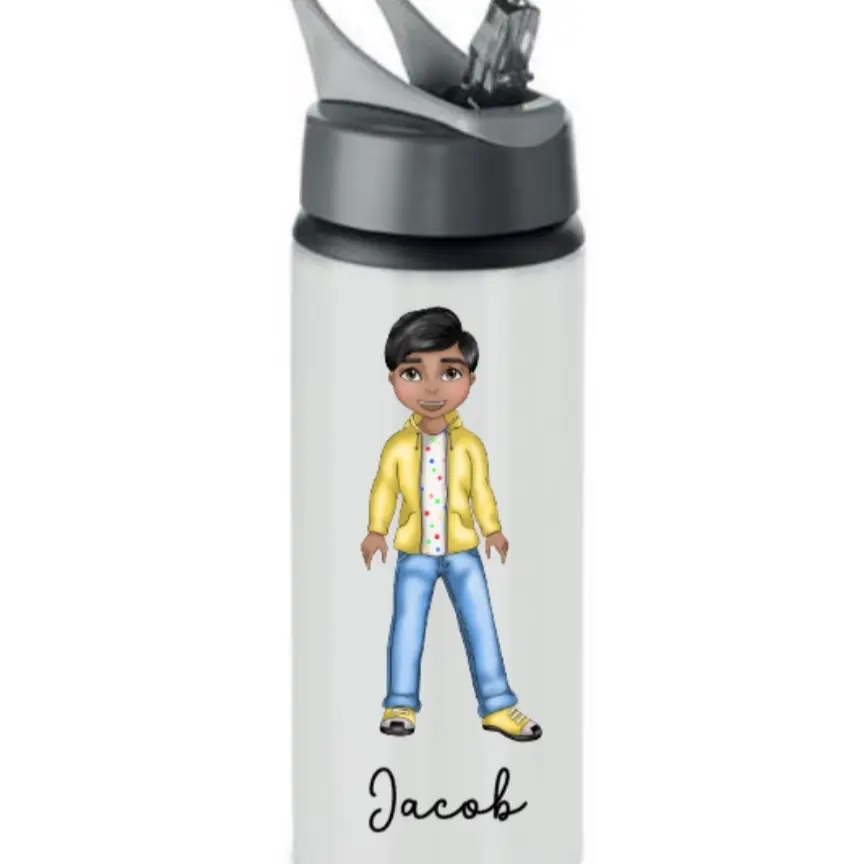 Metal BOYS VERSION stainless steel children's personalised drinking  bottle ( hairstyle and outfit as shown. Hair and eye colour can be changed)