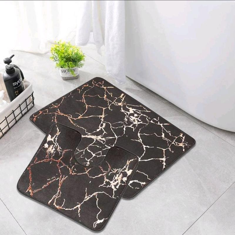 STUNNING LUXURY NON SLIP WATER RESISTANT 2 PIECE MARBLE EFFECT BATH MAT SET 50×80cm mat and toilet cover 6