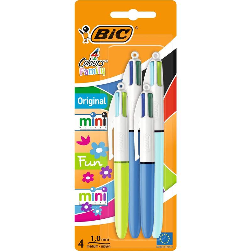 BIC 4 Colours Family Pen Pack of Retractable Ballpoint Pens with Four Ink Colours, Set of 4 (2 Mini, 2 Original) 0