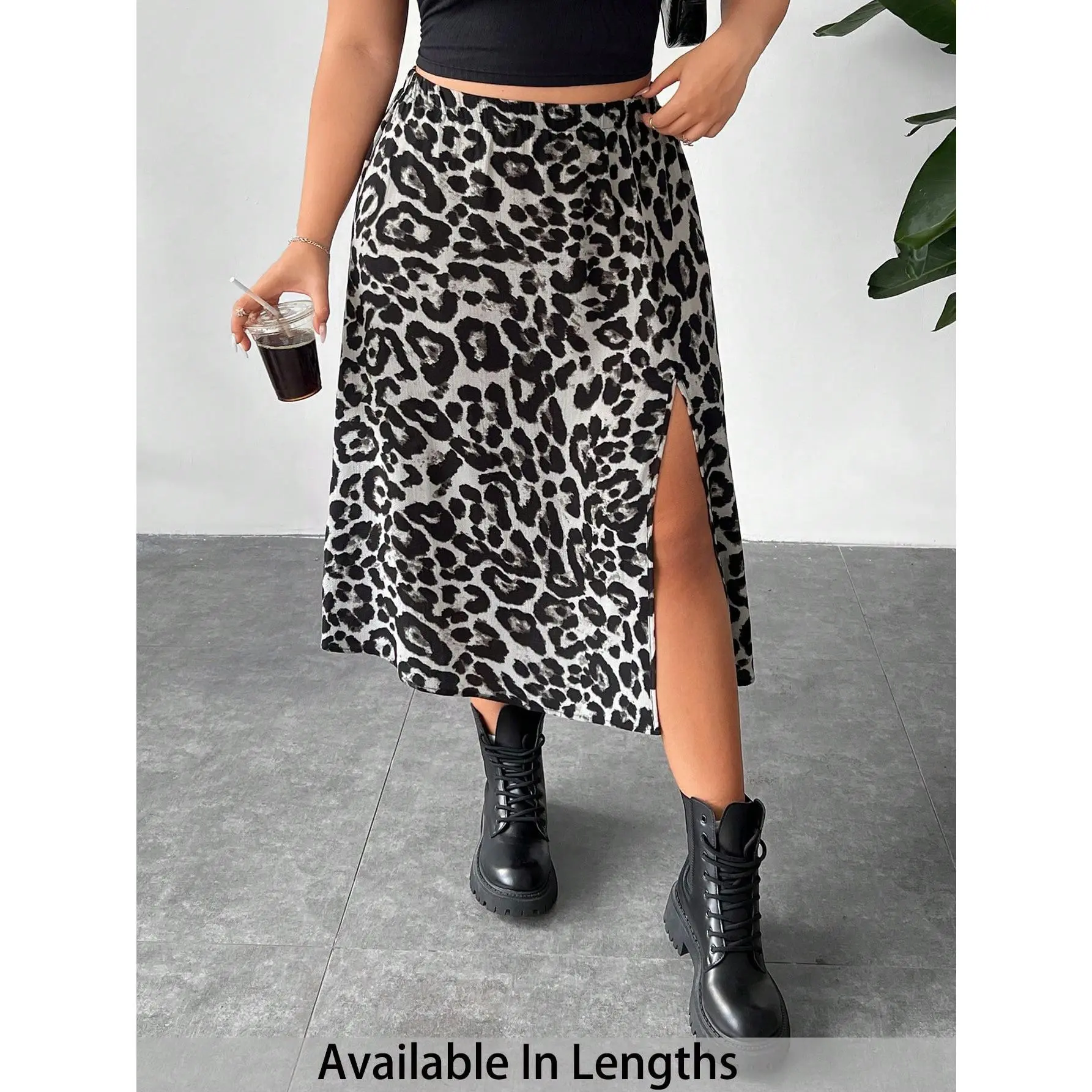 PETITE CURVE Plus Size Women's Leopard Print Elastic Waist Slit Skirt Rave Outfits Festival Fabric Womenswear