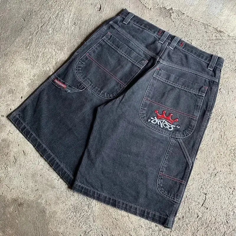 Harajuku Vintage JNCO Streetwear New Fashion Letters Embroidered Loose Denim Shorts Men Y2K Popular Casual Gothic Joker Shorts