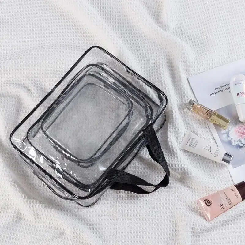 3 pieces Clear Travel Storage Bag With Handle, Portable Travel Washbag  Cosmetic Bag PVC Waterproof One Set 2