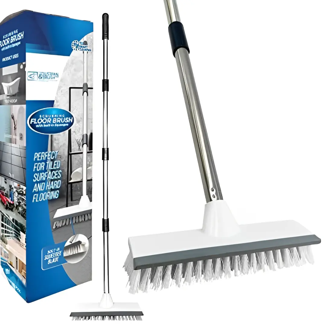 Floor Squeegee Broom Scrubbing Brush with Stiff Brush Bristles and 4PC Broom Handle for Home and Commercial Use - Bathroom Cleaning Brush, Floor Brush Indoor for Tile or Wood Surfaces Smooth Cleaner Tool