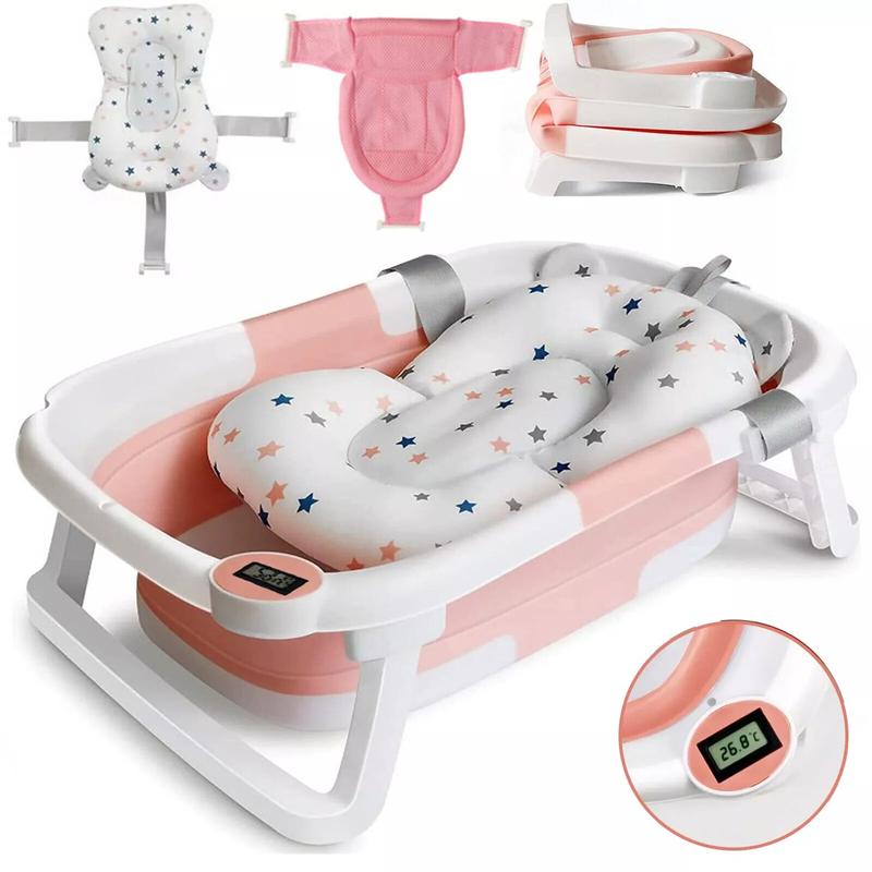 Foldable Baby Bath Tub, Toddler Bathtub with Thermometer Portable Collapsible Baby Shower 0