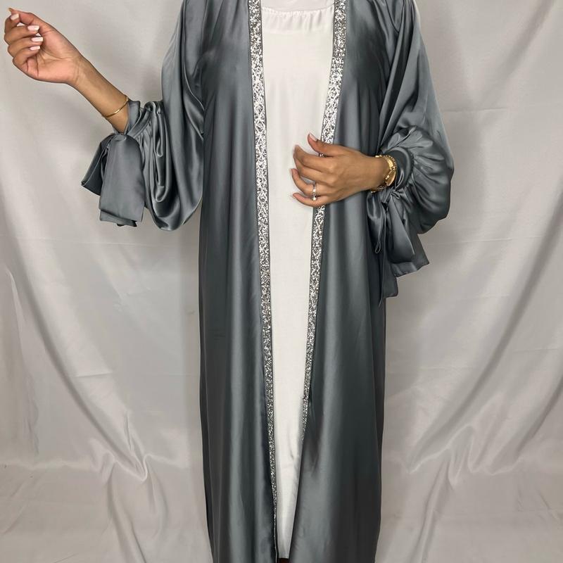Layan Satin 3 Pcs Abaya Set- Women's Satin Tie Sleeve Abaya With Hijab, 3 Pcs Abaya Set, Abaya for Women, Muslim Clothes, Modest Outfits 4