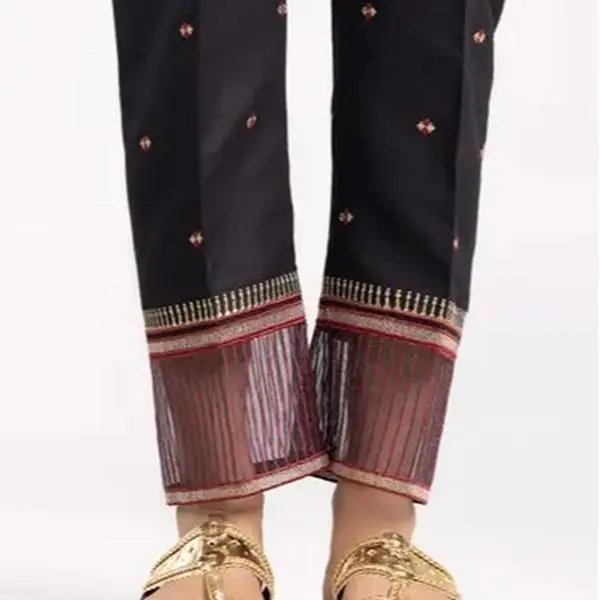 IDEAS Black Embroidered Raw Silk Trousers TR-22-35 Womenswear Bottom Women Lady Comfort Pants Underwear