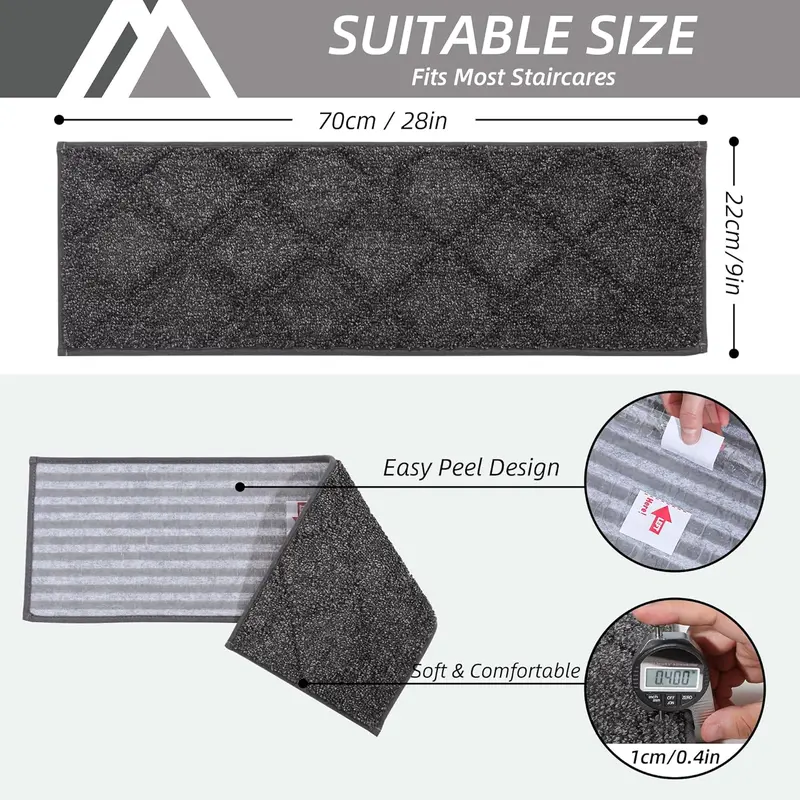 Edging Stair Treads Non-Slip 22 x 70cm(4PCS), Indoor Carpet Treads for Stairs, Stair Carpet Treads for Kids Elders and Dogs, Machine Washable, 100% Polyester, TPE Backing, Black 2