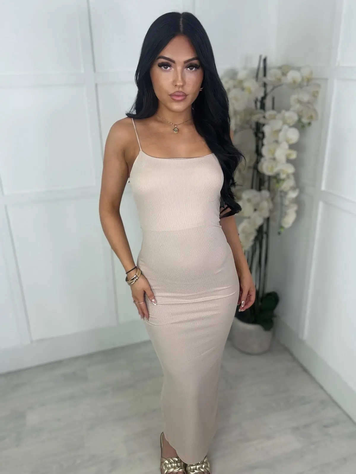 THEA THIN STRAPPED RIBBED MAXI DRESS