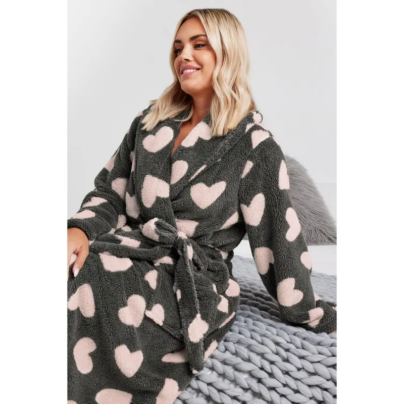YOURS Curve Grey Love Heart Shawl Collar Dressing Gown 1