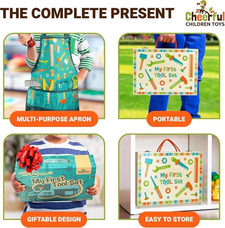 Cheerful Children Toys High-Grade Kids Tool Set - 36 Pcs Wooden Tool Set for Kids 3-7 - Include Portable Tool Box & Adjustable Apron - DIY Gift for Young Builders - Play Tools for Creativity & Fun 7