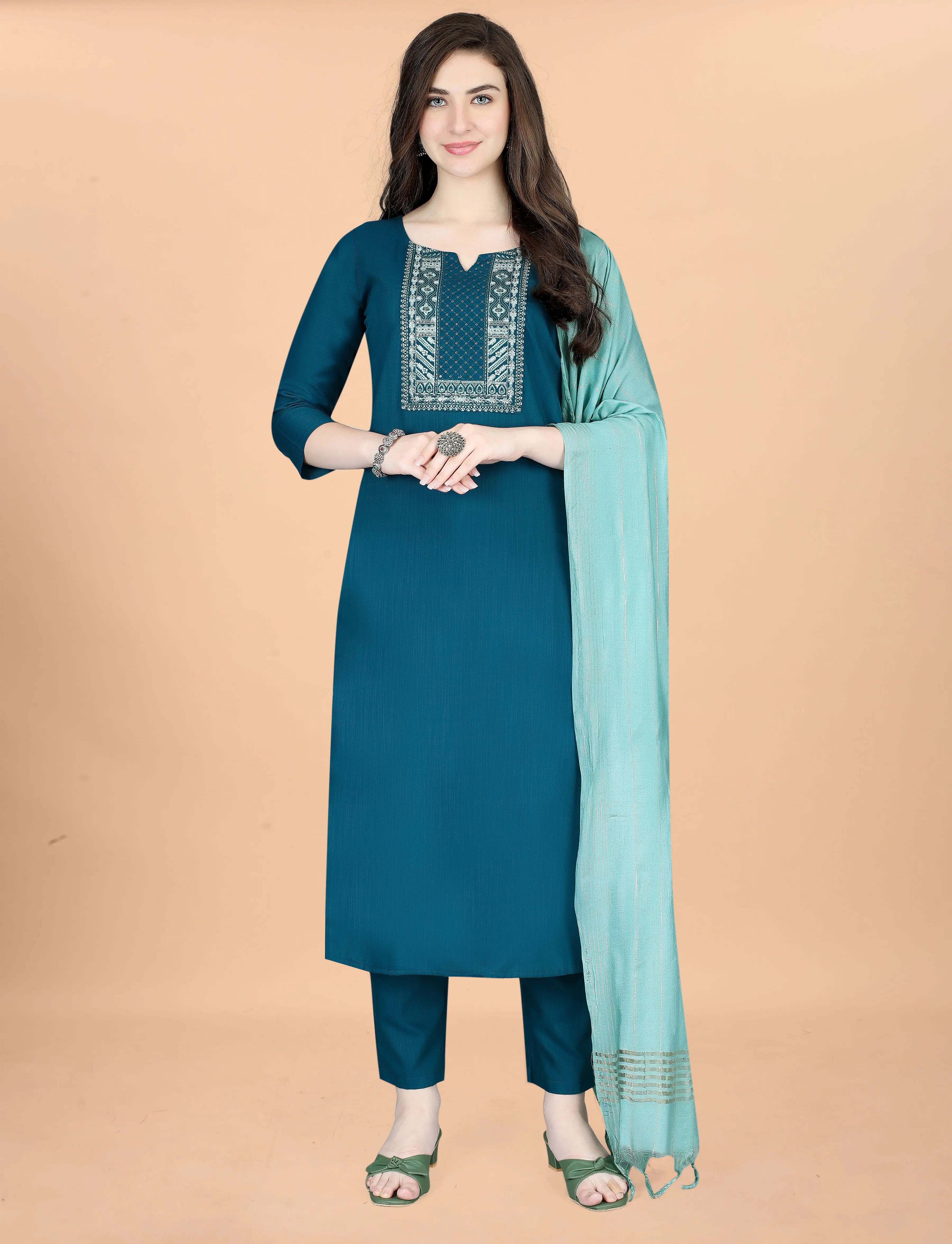 Asian Style Cotton Blend Kurta with Pants and Chanderi Fabric Dupatta Set for Women - Comfort Pants - Womenswear