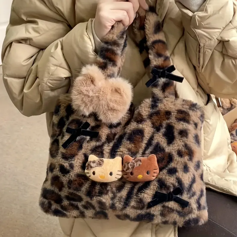 1pc Sanrio Hello Kitty Plush Handbag, Leopard Print Knit Fabric, Fashionable Commuter Bag, Soft Velour Material, Perfect Christmas Gift for Friends