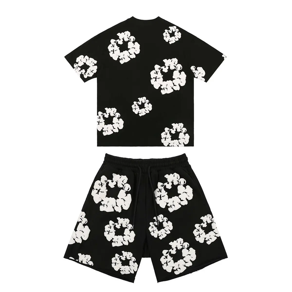 New Men's Women's Same Foam Printing Casual Loose Cotton Short-sleeved T-shirt with Shorts Set