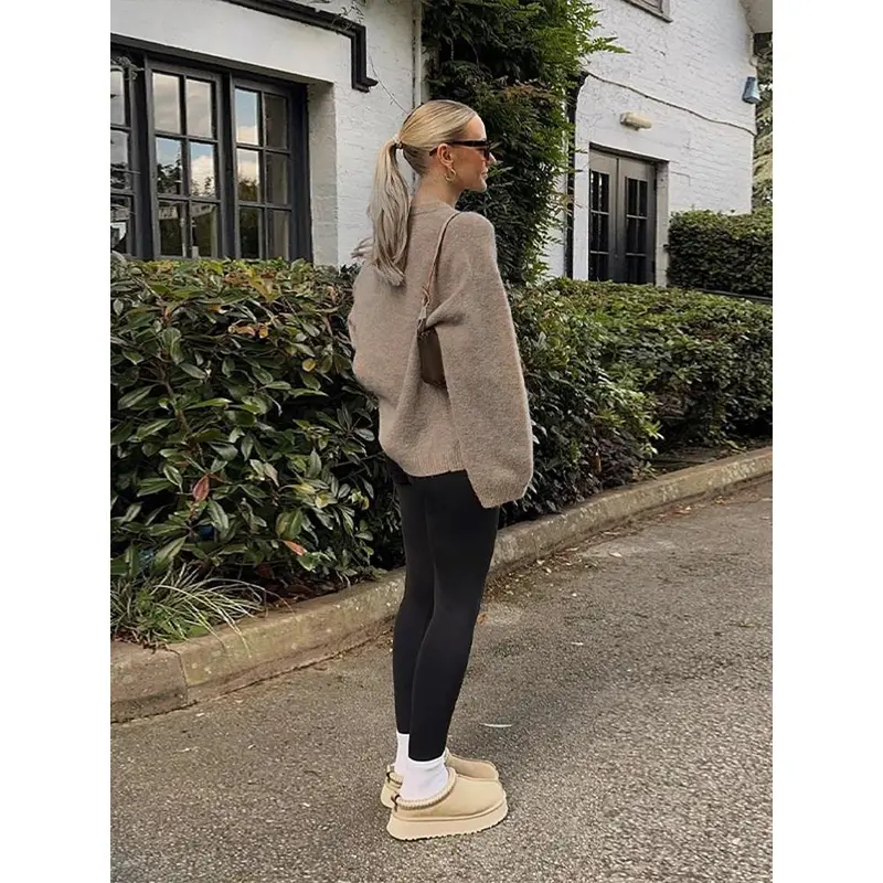 Casual Brown O-Neck Knitted Cashmere Pullover Women Fashion Full Sleeve Loose Commute Jumper 2024 Autumn Lady Street Outerwears 1