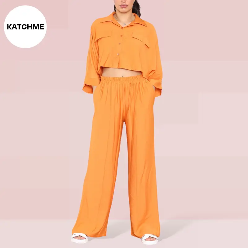 KatchMe Women's Versatile Long Sleeve Button Crop Top & Elastic Waist Pocket Trousers Co-ord,Lady Two-Piece Outfit for Womenswear,Plain Co-ord Set 3