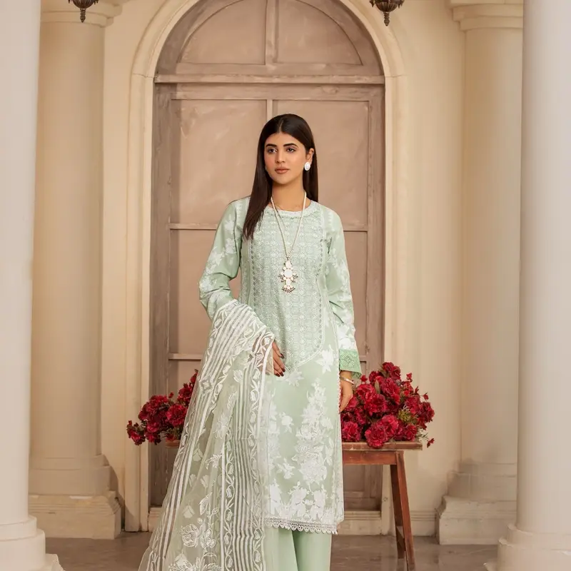 3 Pc Ready To Wear Cambric Cotton Embroidered Suit 0