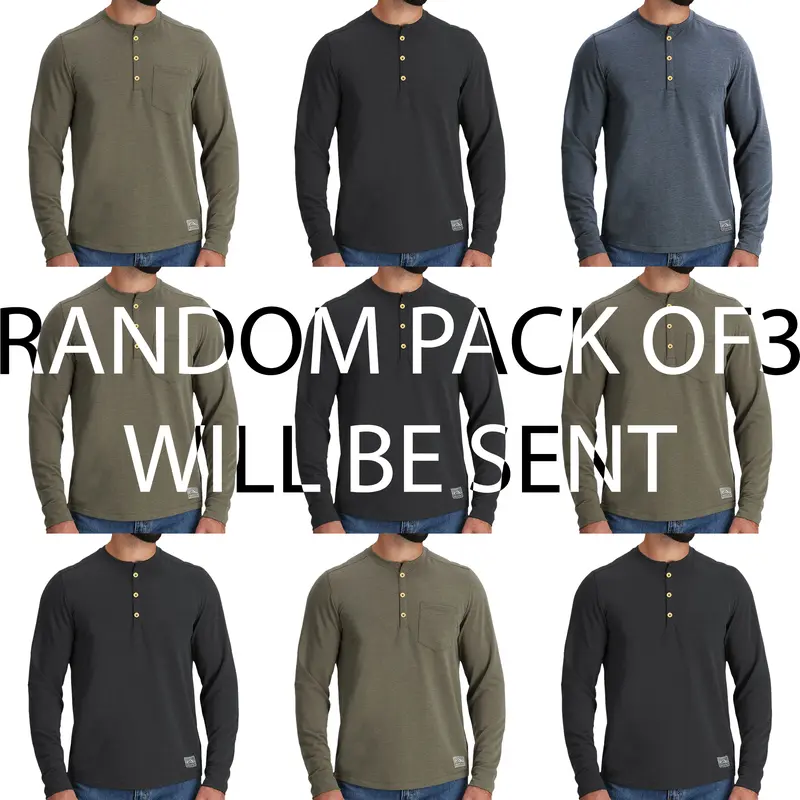 3 Pack Mens Henley T-Shirt Thermal Long Sleeve Waffle Knit Grandad Neck 3 Button Warm Winter Essential Classic Cotton 0