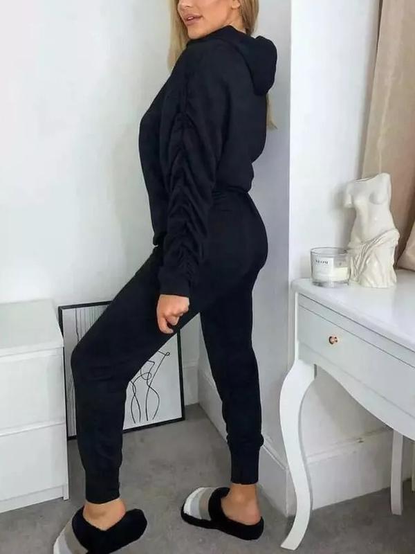 Women's Ladies Ruched Sleeve Hoodie top and Bottom Suit Lounge Set Tracksuit UK 2
